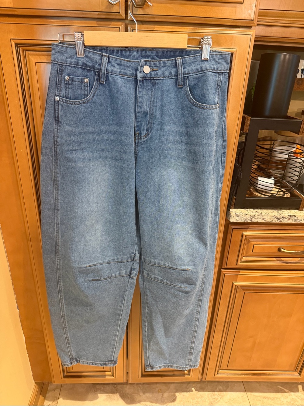 High-Rise Light Wash Denim Jeans with Knee Seams
